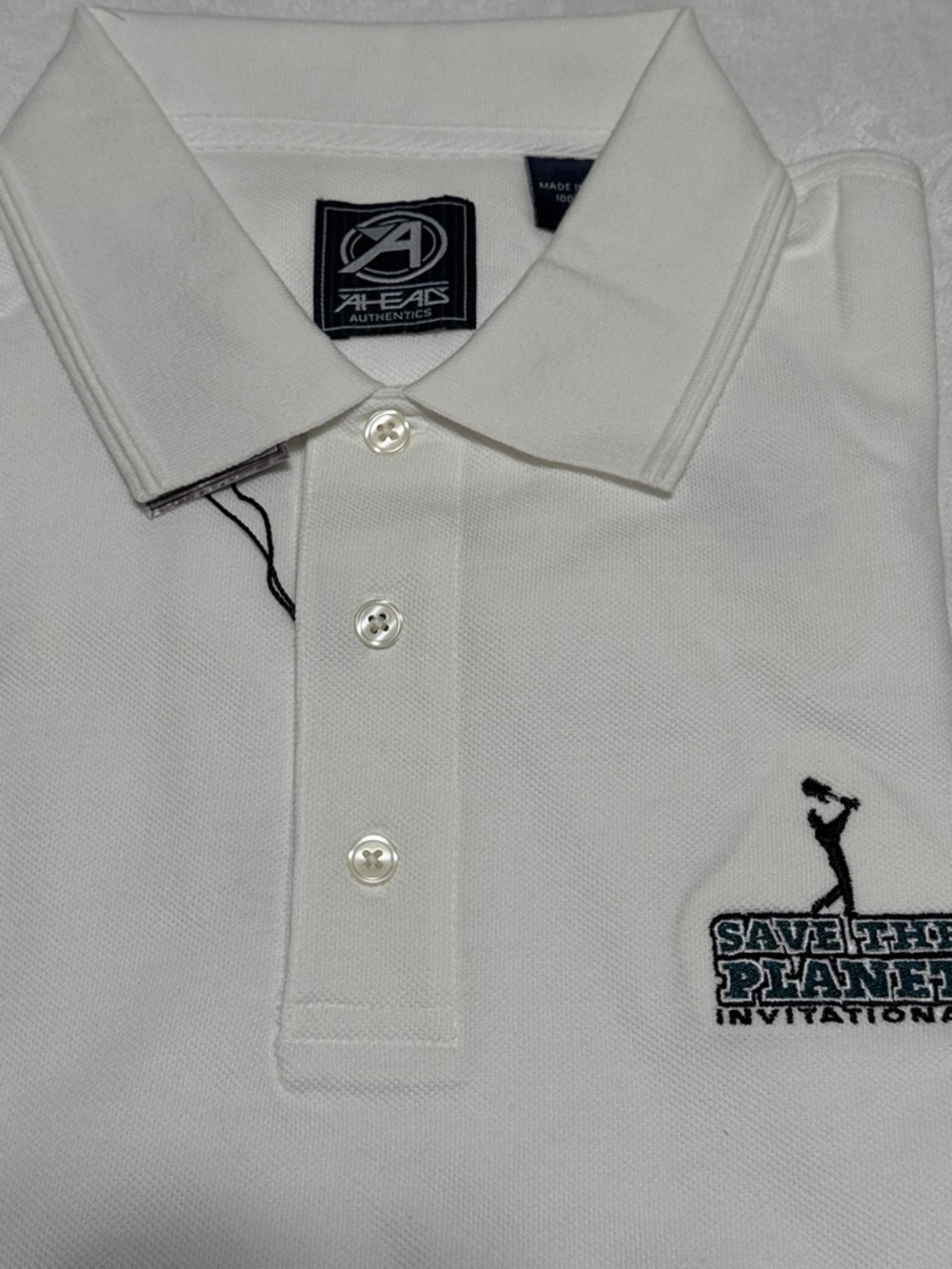 Ahead White Polo Golf Shirt with Save The Planet Invitational Embroidered Logo